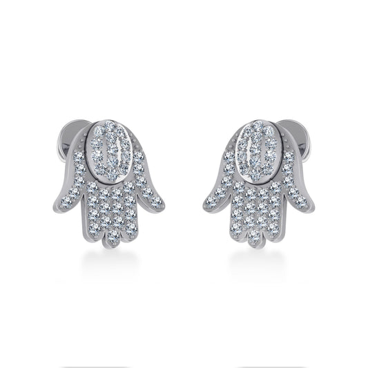 14K White Gold Round Baguette Diamond Hamza Hand Religious Stud Earrings 1/5 Ctw