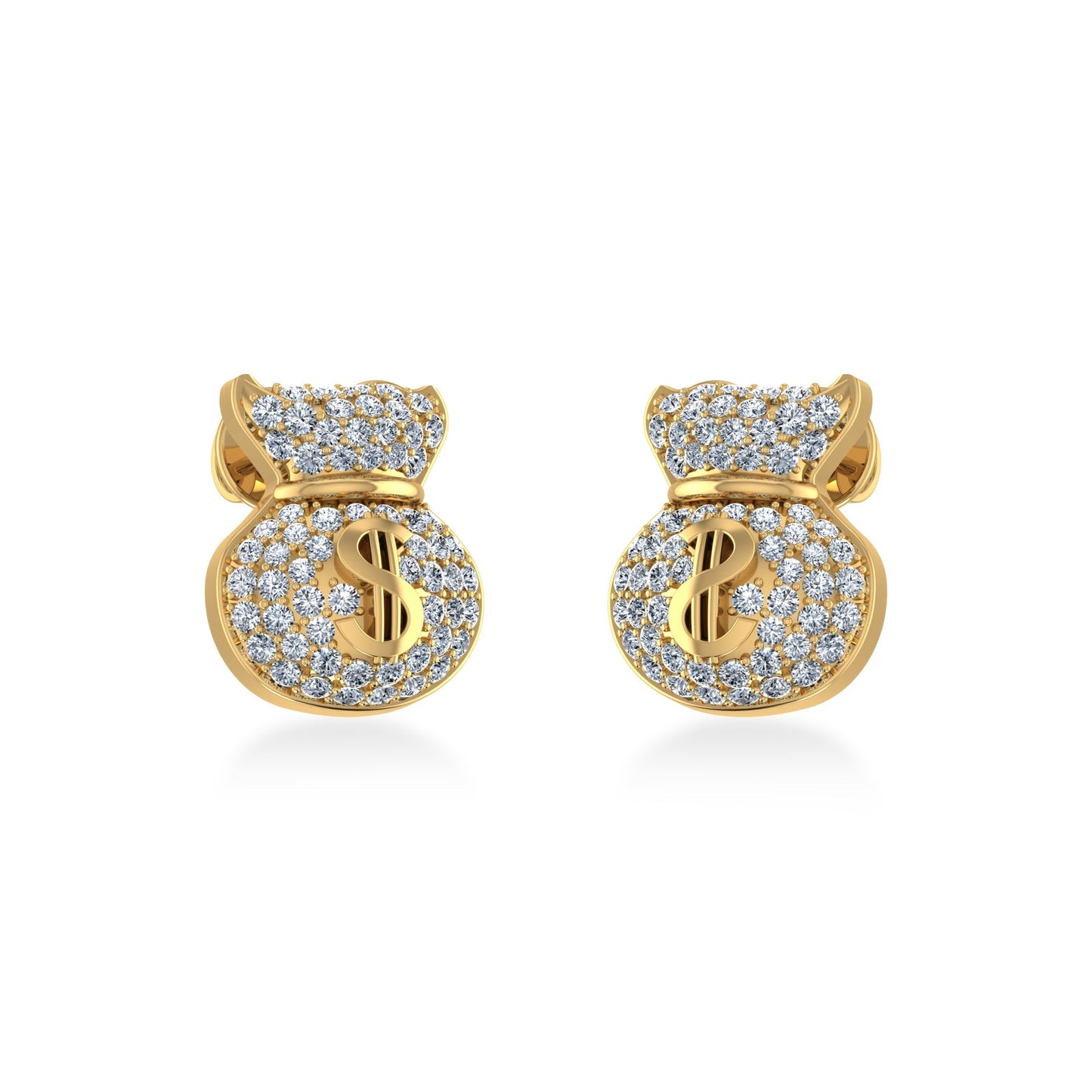 14K Yellow Gold Round Diamond Money Dollar Bag Designer Stud Earrings 1/6 Ctw
