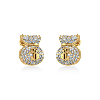14K Yellow Gold Round Diamond Money Dollar Bag Designer Stud Earrings 1/6 Ctw