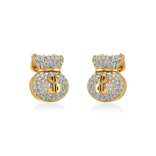 14K Yellow Gold Round Diamond Money Dollar Bag Designer Stud Earrings 1/6 Ctw