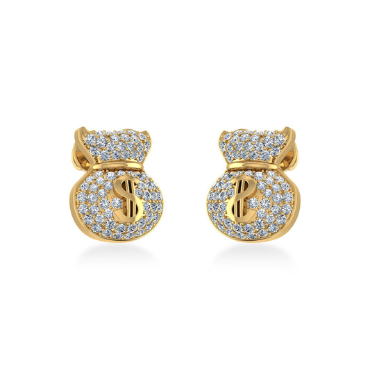 14K Yellow Gold Round Diamond Money Dollar Bag Designer Stud Earrings 1/6 Ctw