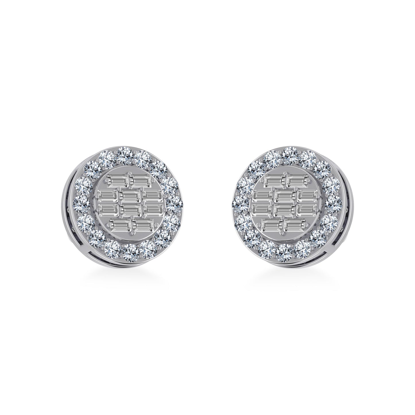 14K White Gold Round Baguette Diamond Halo Stud Earrings 1/2 Ctw
