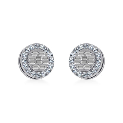14K White Gold Round Baguette Diamond Halo Stud Earrings 1/2 Ctw