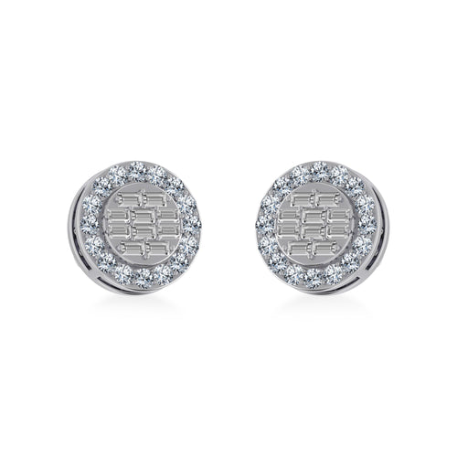 14K White Gold Round Baguette Diamond Halo Stud Earrings 1/2 Ctw