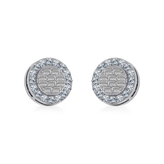 14K White Gold Round Baguette Diamond Halo Stud Earrings 1/2 Ctw