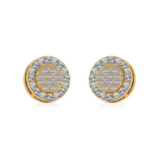 14K Yellow Gold Round Baguette Diamond Halo Stud Earrings 1/2 Ctw