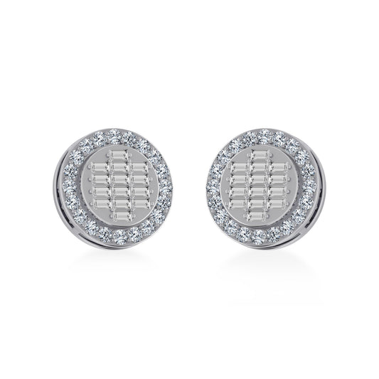 14K White Gold Round Baguette Diamond Halo Stud Earrings 5/8 Ctw