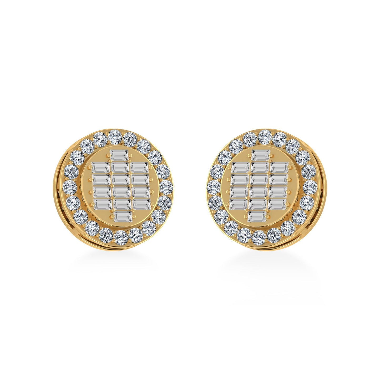 14K Yellow Gold Round Baguette Diamond Halo Stud Earrings 5/8 Ctw