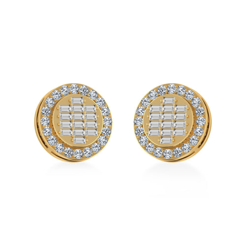 14K Yellow Gold Round Baguette Diamond Halo Stud Earrings 5/8 Ctw