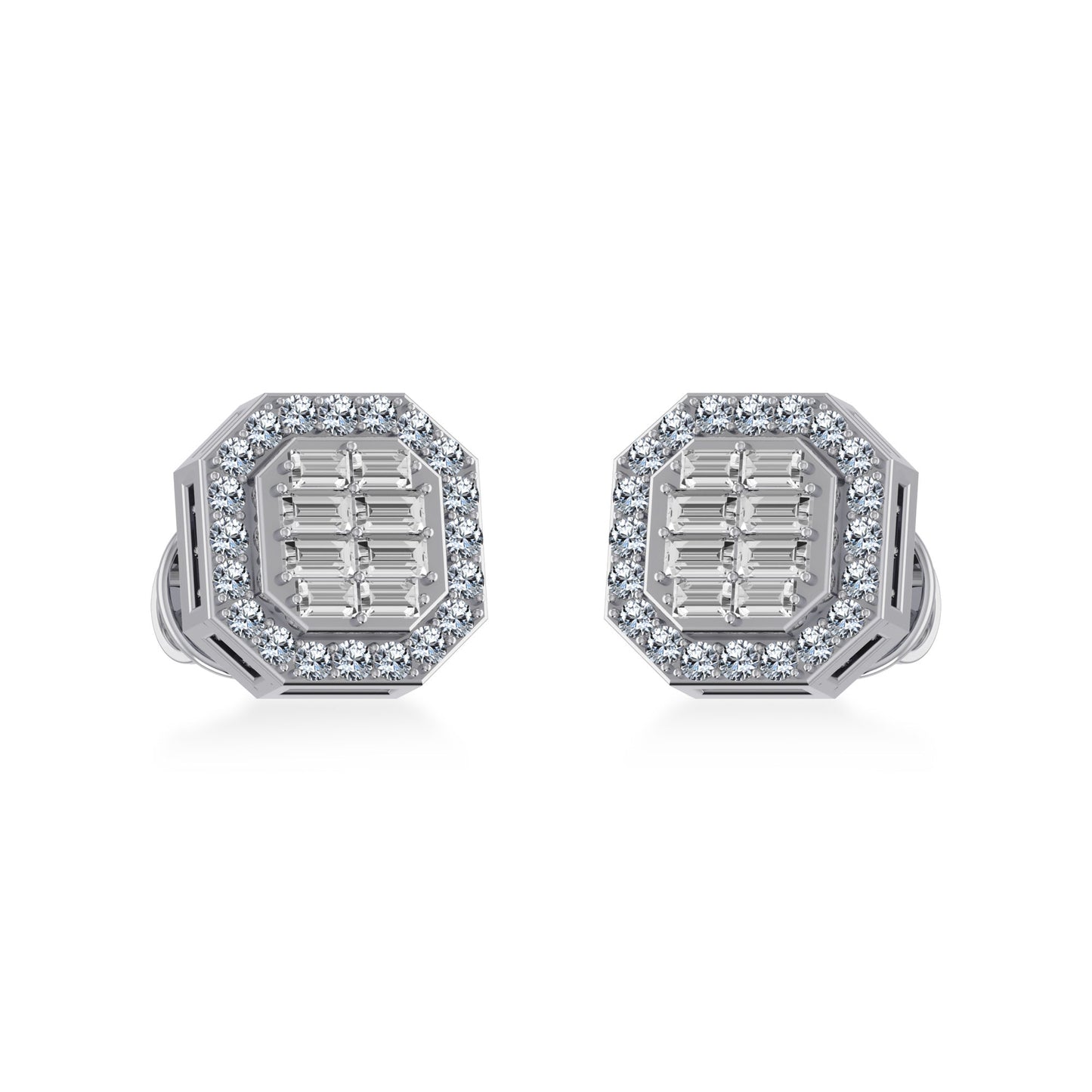 14K White Gold Round Baguette Diamond Stud Earrings 1/4 Ctw