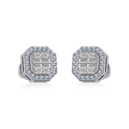 14K White Gold Round Baguette Diamond Stud Earrings 1/4 Ctw