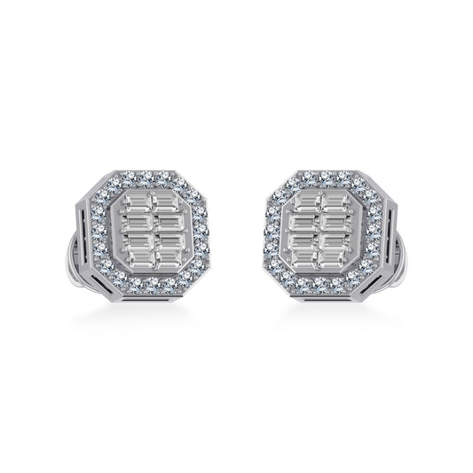 14K White Gold Round Baguette Diamond Stud Earrings 1/4 Ctw