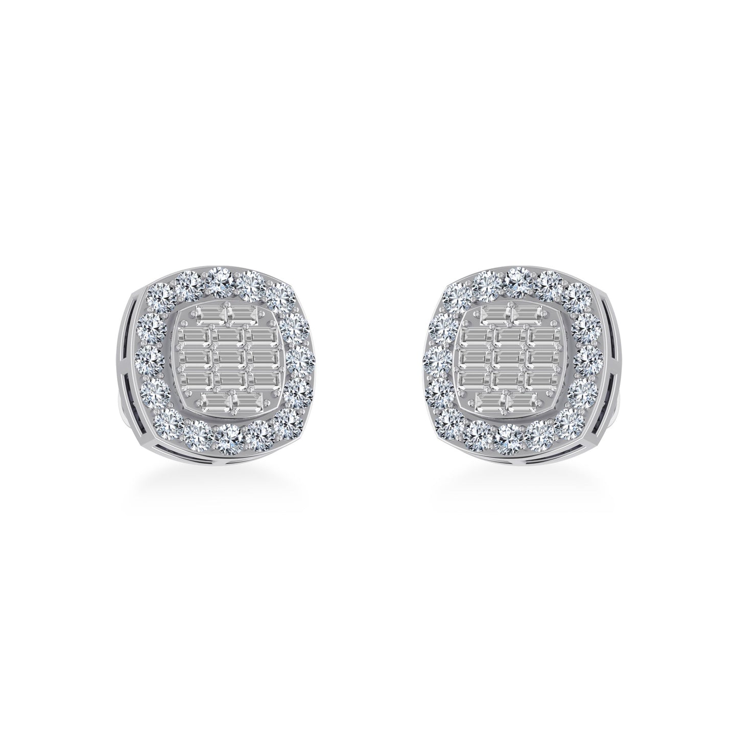 14K White Gold Round Baguette Diamond Stud Earring 5/8 Ctw