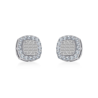 14K White Gold Round Baguette Diamond Stud Earring 5/8 Ctw