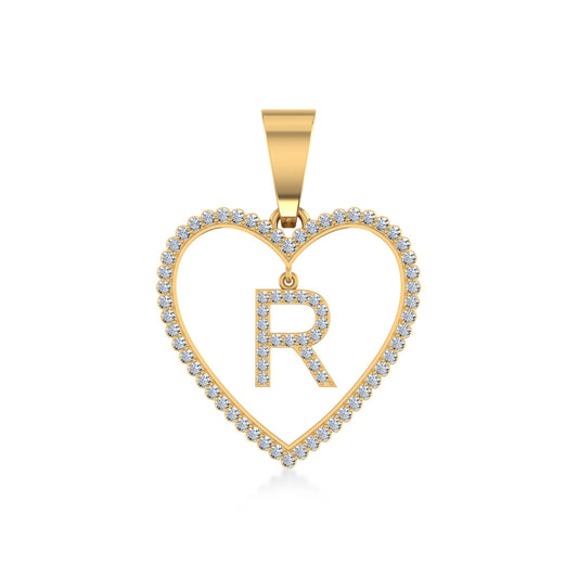 10K Yellow Gold Diamond Initial Heart R Letter Pendant 1/4 Ctw