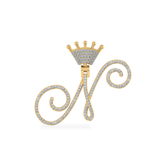 10K Yellow Gold Round Diamond Crown N Letter Initial Pendant 1/4 Ctw