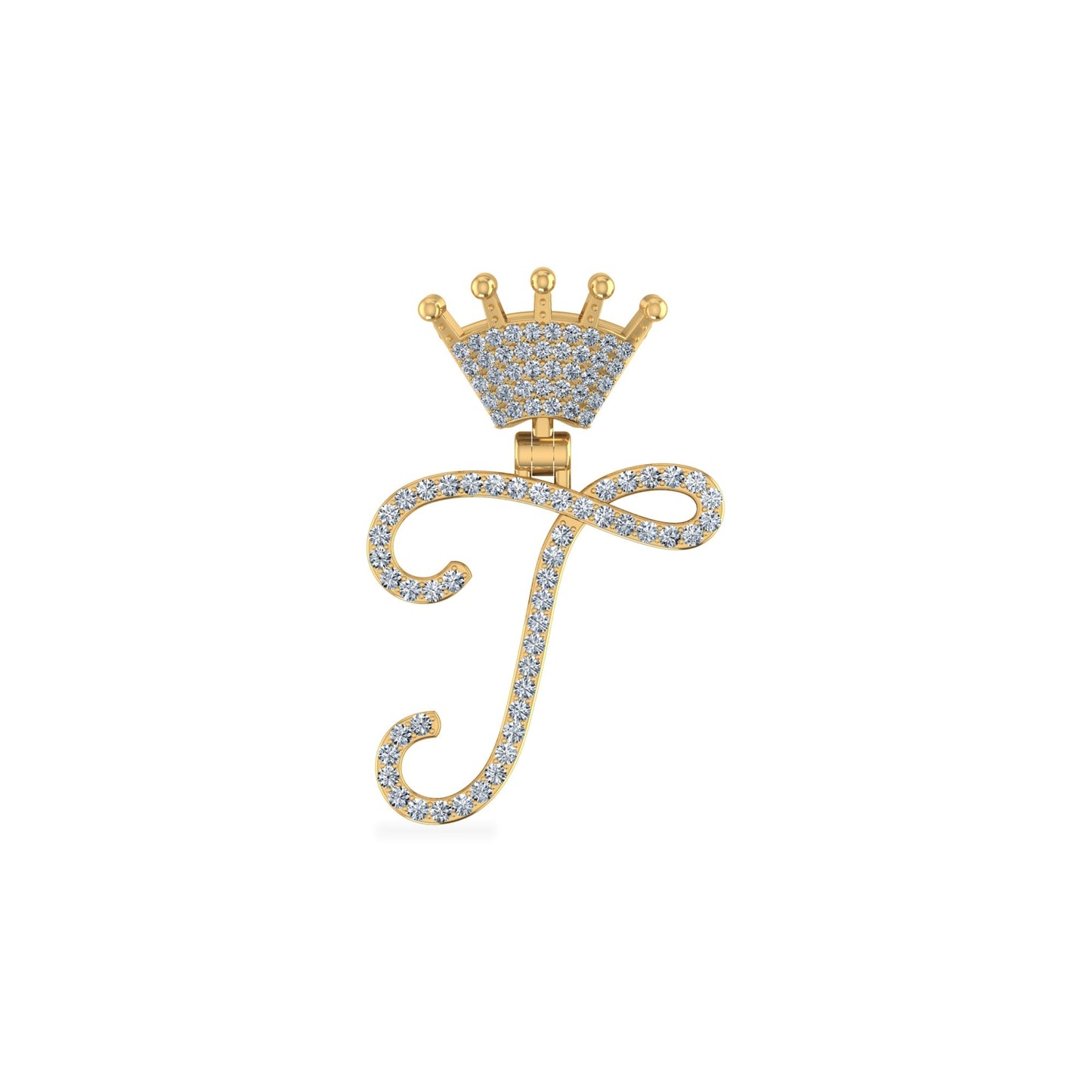10K Yellow Gold Round Diamond Crown T Letter Initial Pendant 1/5 Ctw