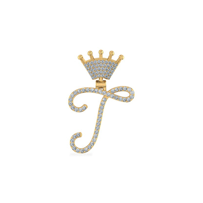10K Yellow Gold Round Diamond Crown T Letter Initial Pendant 1/5 Ctw