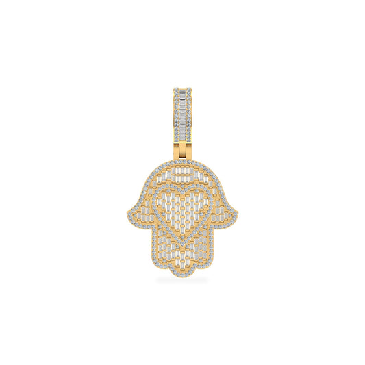 10K Yellow Gold Round Baguette Diamond Heart Hamza Hand Religious Charm Pendant 1-3/4 Ctw