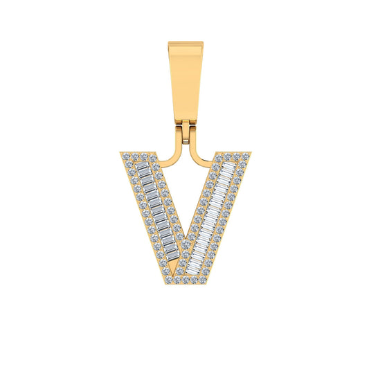 10K Yellow Gold Baguette Diamond Initial V Letter Pendant 1/3 Ctw