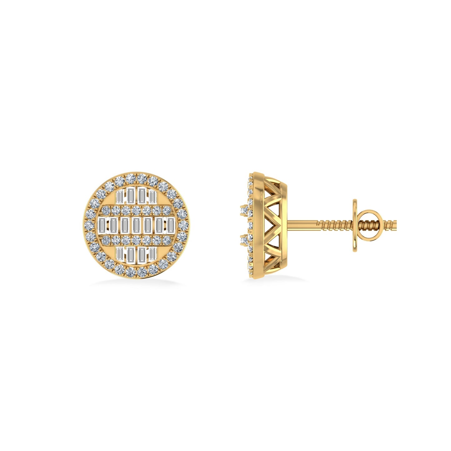 10K Yellow Gold Round Baguette Diamond Designer Mens Stud Earring 3/8 Ctw