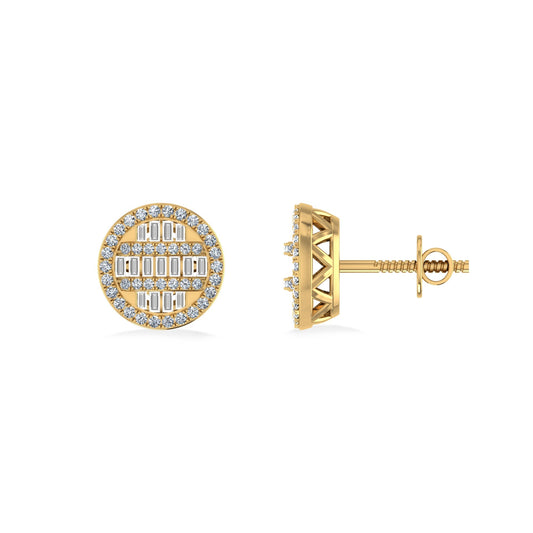 10K Yellow Gold Round Baguette Diamond Designer Mens Stud Earring 3/8 Ctw
