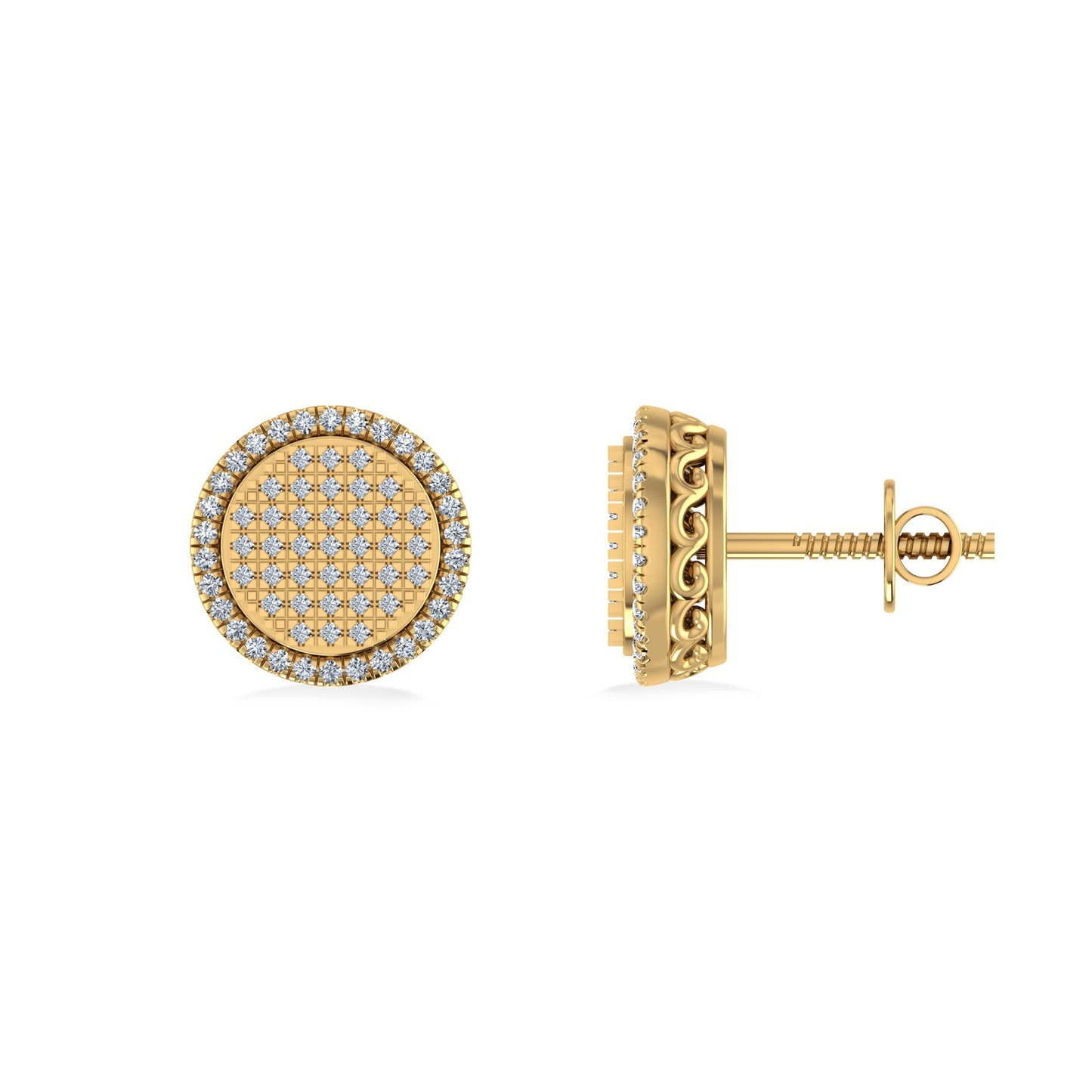 10K Yellow Gold Round Diamond Designer Halo Mens Stud Earring 1/3 Ctw
