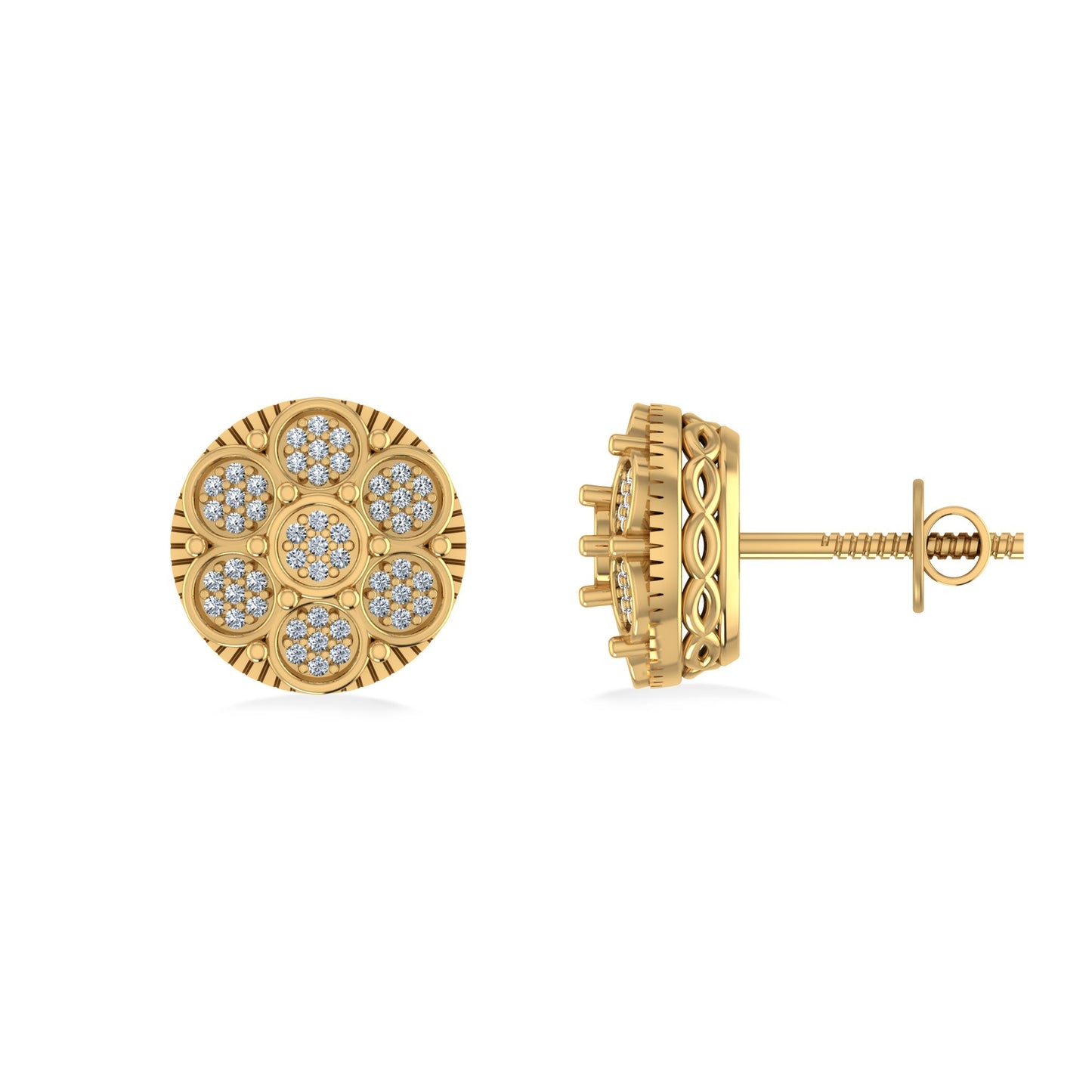 10K Yellow Gold Round Diamond Flower Designer Mens Stud Earring 1/8 Ctw