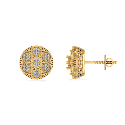 10K Yellow Gold Round Diamond Flower Designer Mens Stud Earring 1/8 Ctw