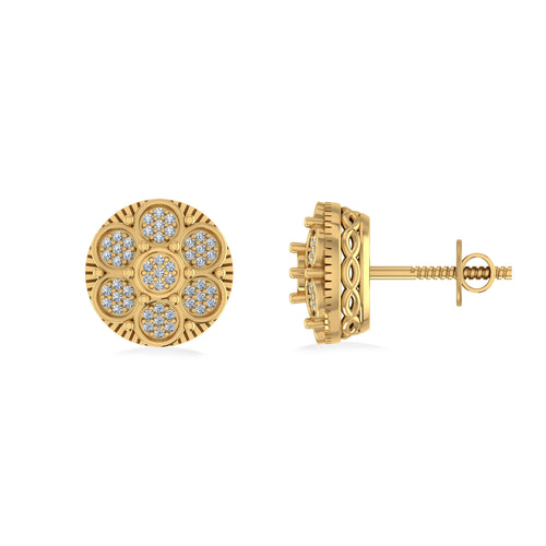 10K Yellow Gold Round Diamond Flower Designer Mens Stud Earring 1/8 Ctw
