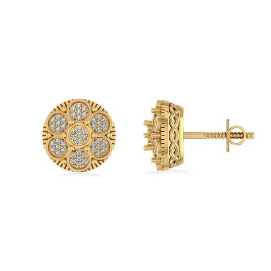 10K Yellow Gold Round Diamond Flower Designer Mens Stud Earring 1/8 Ctw