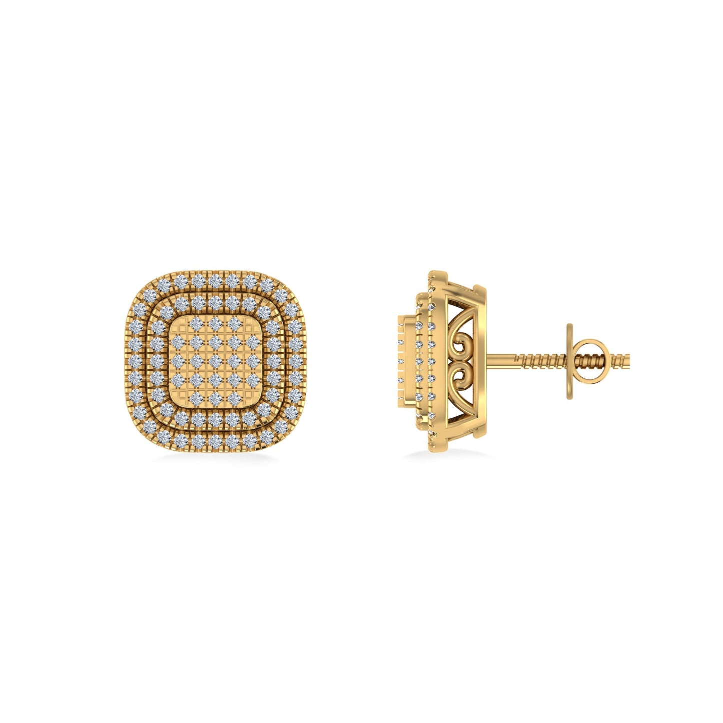 10K Yellow Gold Round Diamond Square Shape Designer Mens Halo Stud Earring 1/3 Ctw
