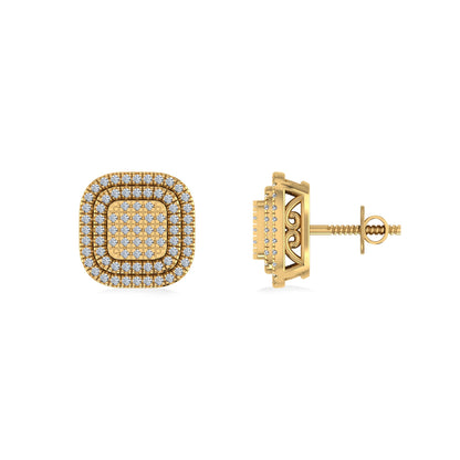 10K Yellow Gold Round Diamond Square Shape Designer Mens Halo Stud Earring 1/3 Ctw