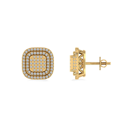 10K Yellow Gold Round Diamond Square Shape Designer Mens Halo Stud Earring 1/3 Ctw