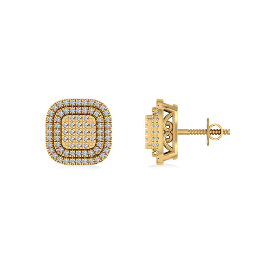 10K Yellow Gold Round Diamond Square Shape Designer Mens Halo Stud Earring 1/3 Ctw