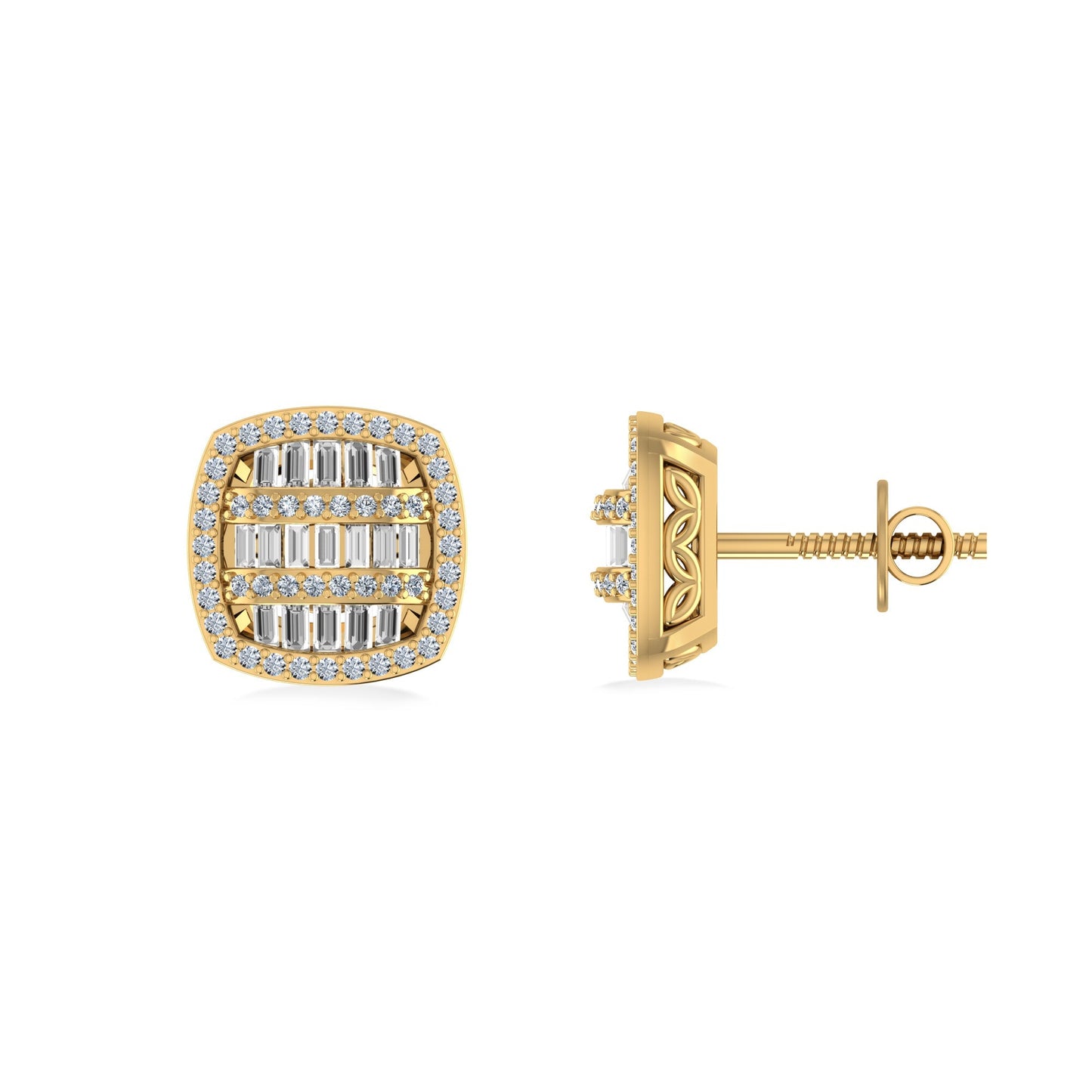 10K Yellow Gold Round Baguette Diamond Designer Halo Mens Stud Earring 1/2 Ctw