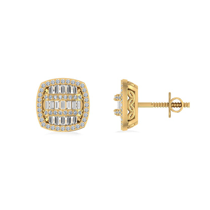 10K Yellow Gold Round Baguette Diamond Designer Halo Mens Stud Earring 1/2 Ctw