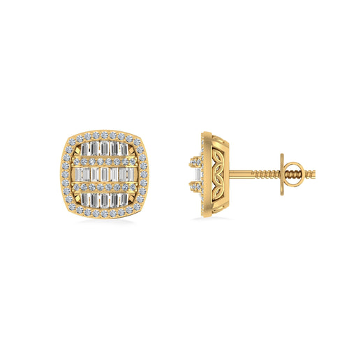 10K Yellow Gold Round Baguette Diamond Designer Halo Mens Stud Earring 1/2 Ctw