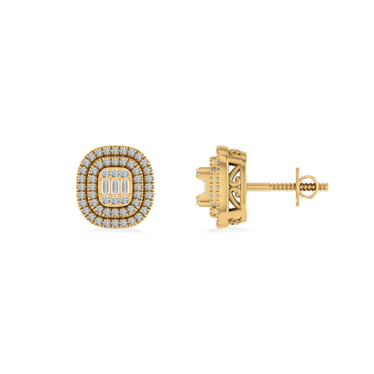 10K Yellow Gold Round Baguette Diamond Square Shape Designer Double Halo Mens Stud Earring 1/4 Ctw