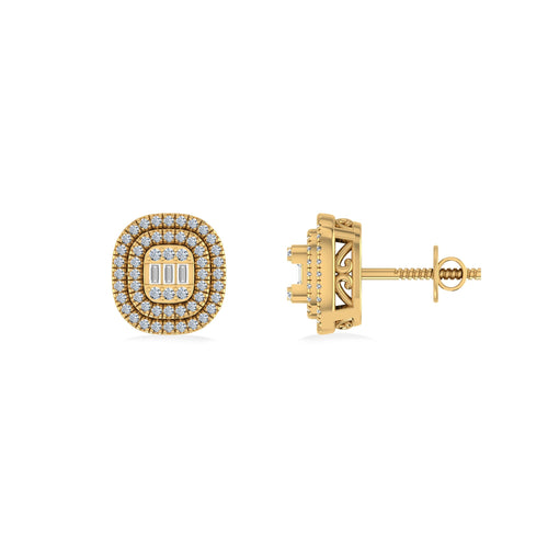 10K Yellow Gold Round Baguette Diamond Square Shape Designer Double Halo Mens Stud Earring 1/4 Ctw