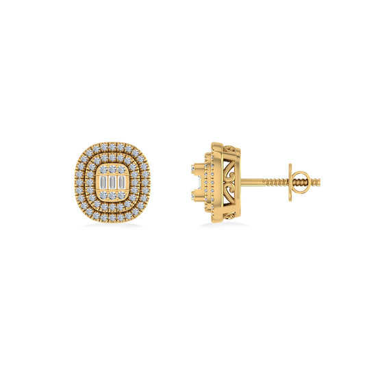10K Yellow Gold Round Baguette Diamond Square Shape Designer Double Halo Mens Stud Earring 1/4 Ctw