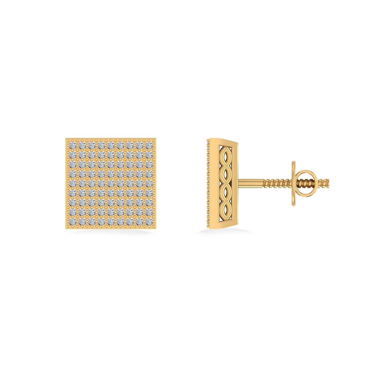 10K Yellow Gold Round Diamond Square Shape Designer Mens Stud Earring 3/8 Ctw