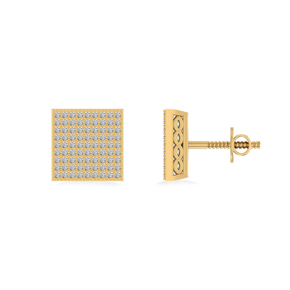 10K Yellow Gold Round Diamond Square Shape Designer Mens Stud Earring 3/8 Ctw