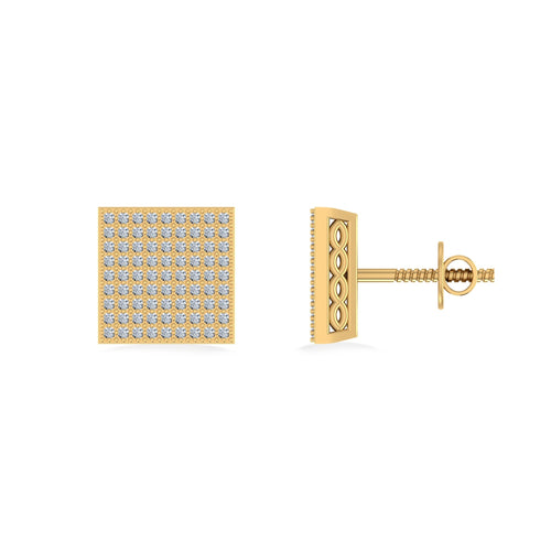 10K Yellow Gold Round Diamond Square Shape Designer Mens Stud Earring 3/8 Ctw