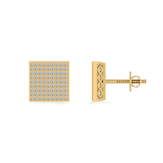 10K Yellow Gold Round Diamond Square Shape Designer Mens Stud Earring 3/8 Ctw