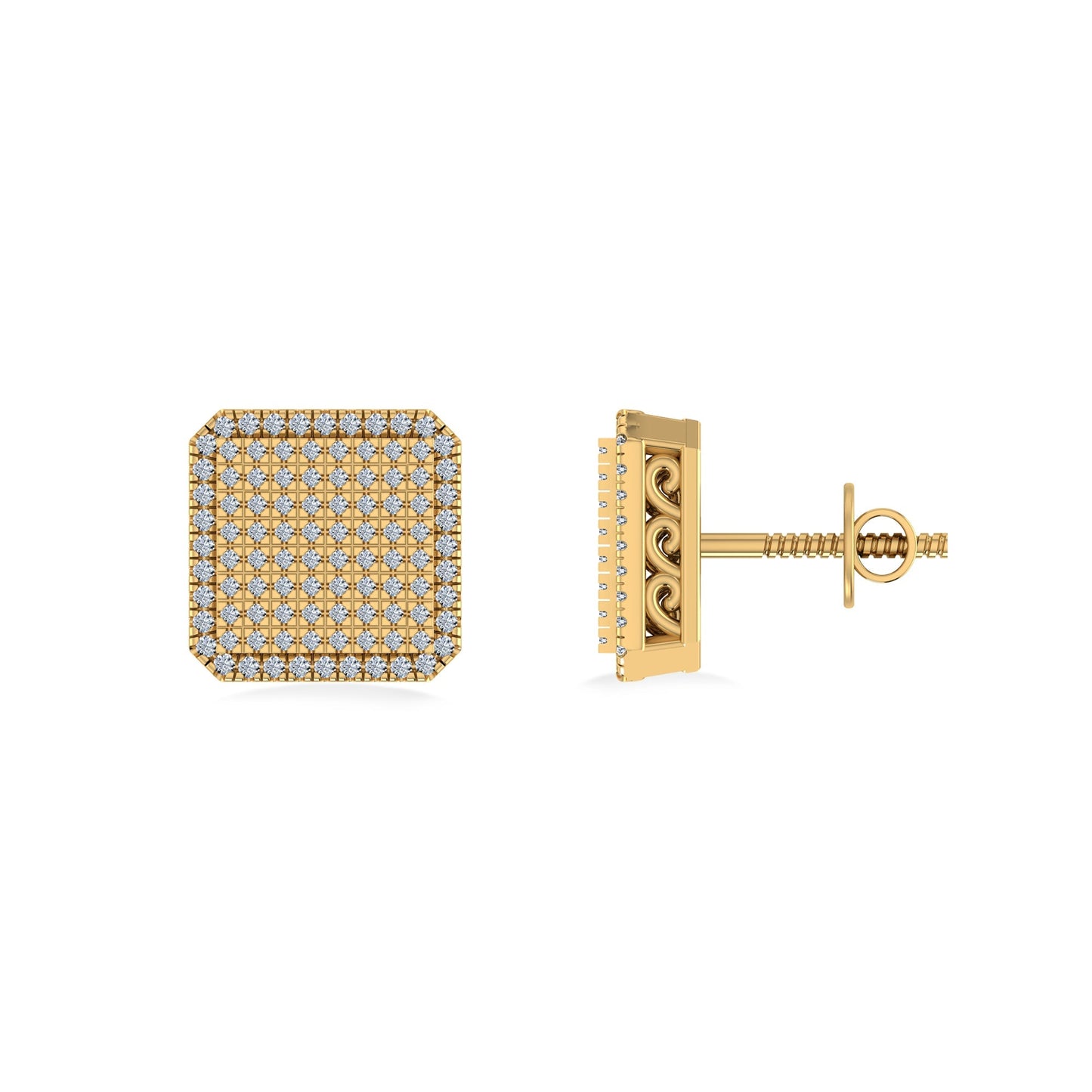 10K Yellow Gold Round Diamond Square Shape Designer Mens Stud Earring 1/3 Ctw