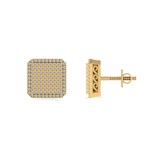10K Yellow Gold Round Diamond Square Shape Designer Mens Stud Earring 1/3 Ctw