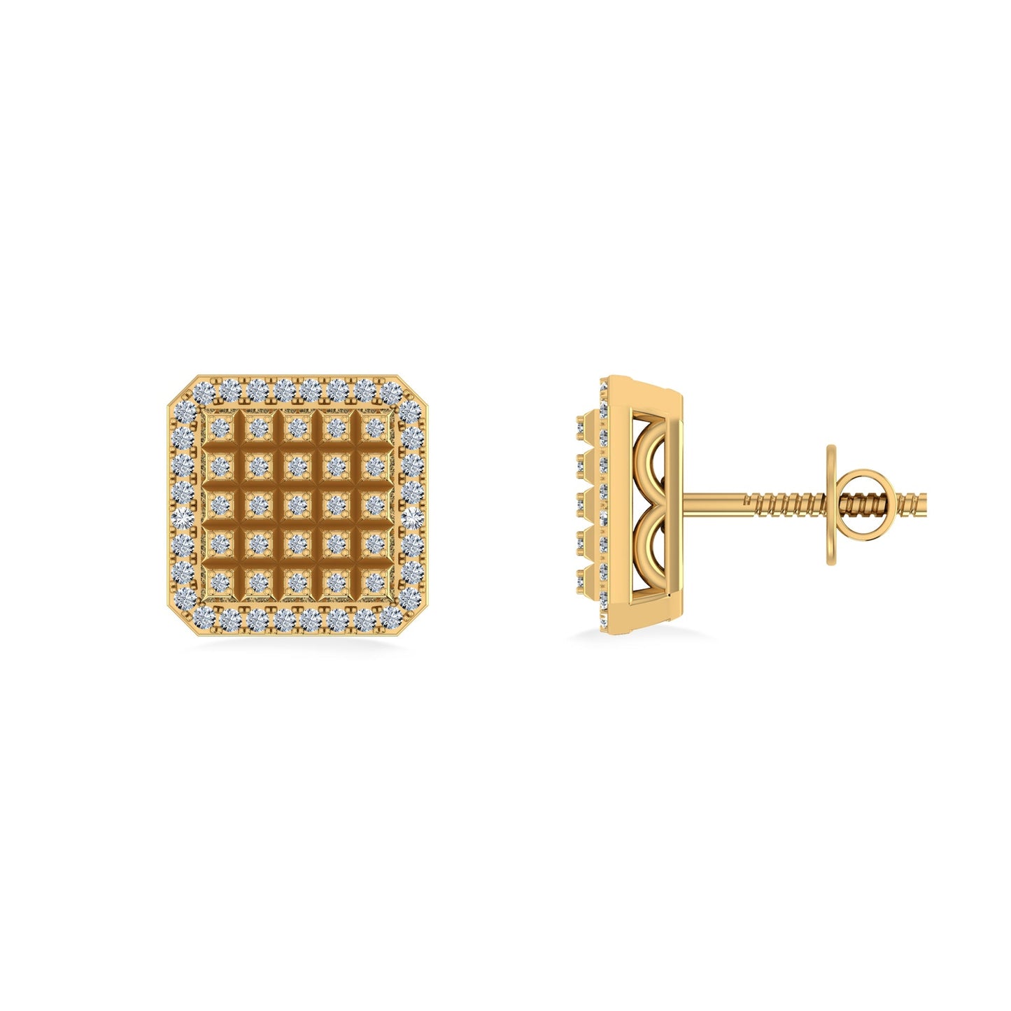10K Yellow Gold Round Diamond Square Shape Designer Mens Stud Earring 1/5 Ctw