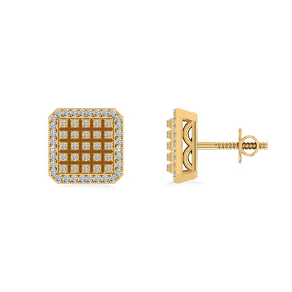 10K Yellow Gold Round Diamond Square Shape Designer Mens Stud Earring 1/5 Ctw