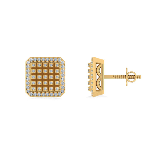 10K Yellow Gold Round Diamond Square Shape Designer Mens Stud Earring 1/5 Ctw